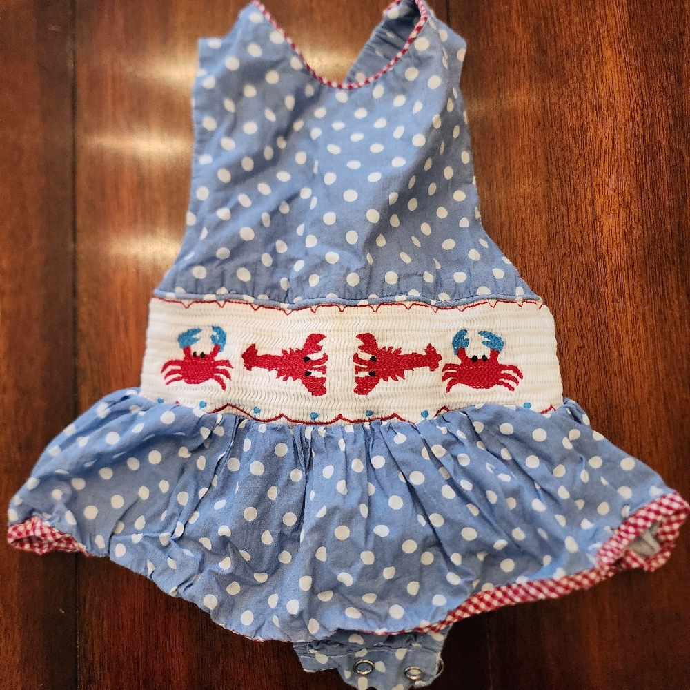 Blue Polka Dot Baby Romper with Crab Design
